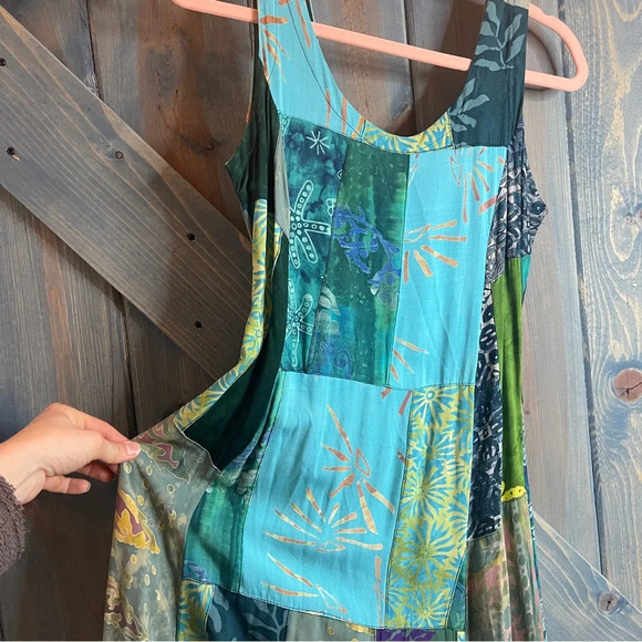 90s Hippie Blue Green Boho Maxi Sundress with Scoop Neck Size Small Rayon - Picture 6 of 9